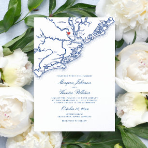 Charleston SC Map Coastal Navy Blue Wedding Invitation
