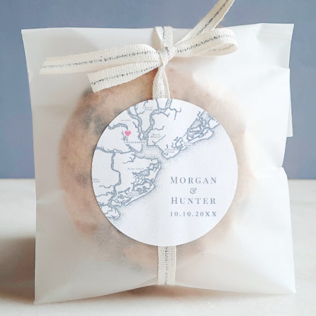 Charleston SC Map Elegant Dusty Blue Wedding Favou Classic Round Sticker (Charleston SC Wedding round sticker label in Elegant dusty blue from Coastal Map Designs)