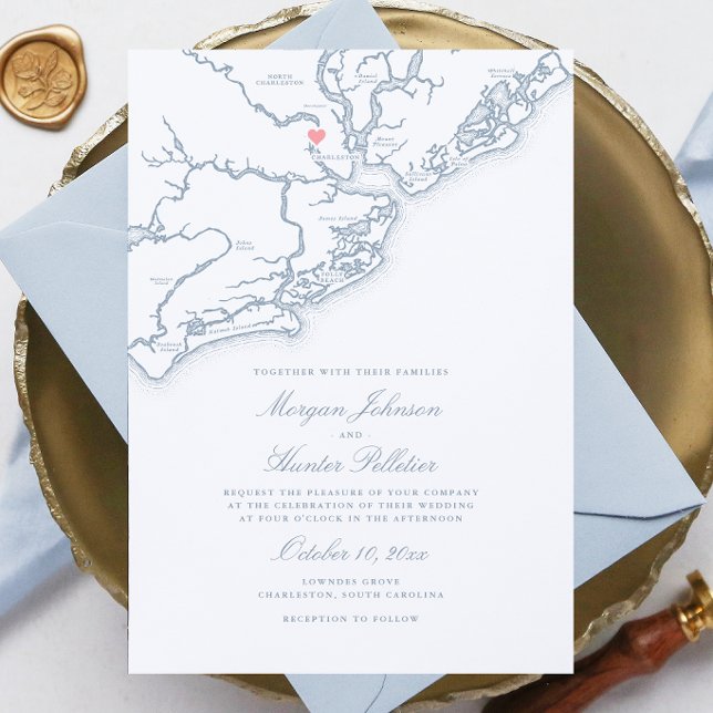 Charleston SC Map Elegant Dusty Blue Wedding Invitation (Dusty Blue Charleston Wedding Invitation with Elegant South Carolina Map by Coastal Map Designs)