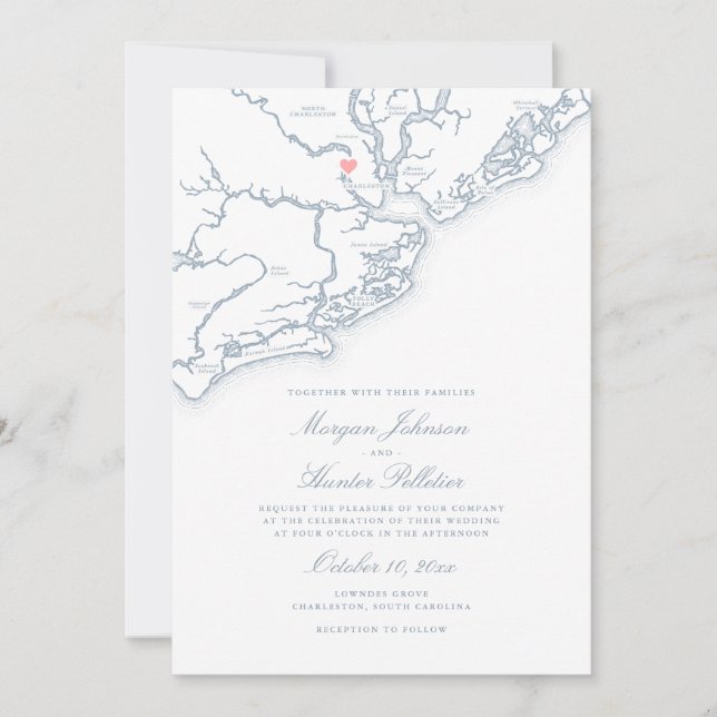 Charleston SC Map Elegant Dusty Blue Wedding Invitation (Front)