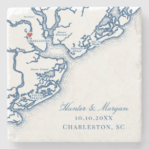 Charleston SC Map Elegant Navy Blue Wedding Favour Stone Coaster