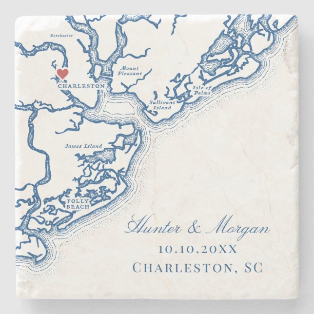 Charleston SC Map Elegant Navy Blue Wedding Favour Stone Coaster (Front)