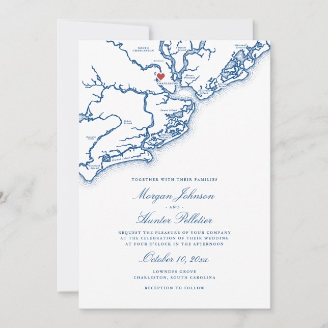 Charleston SC Map Elegant Navy Blue Wedding Invitation (Front)