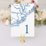 Charleston SC Map Wedding Table Number Cards<br><div class="desc">Enhance your Charleston wedding with these elegant navy blue Lowcountry South Carolina map-themed table numbers. Click "Personalise" to change the numbers, and add each one to your cart. Make sure to click "add to cart" after you customise each card. For double sided, print 2 of each card and glue them...</div>
