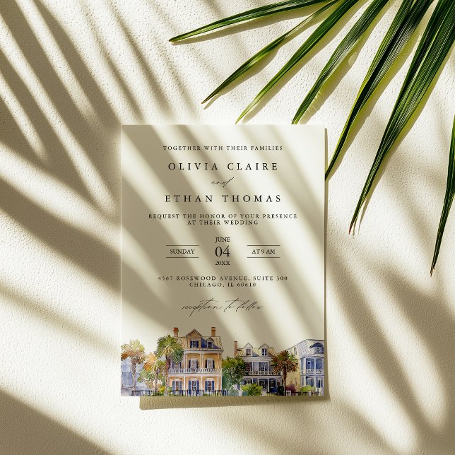 Charleston SC Rainbow Row Watercolor Wedding Invitation (Creator Uploaded)