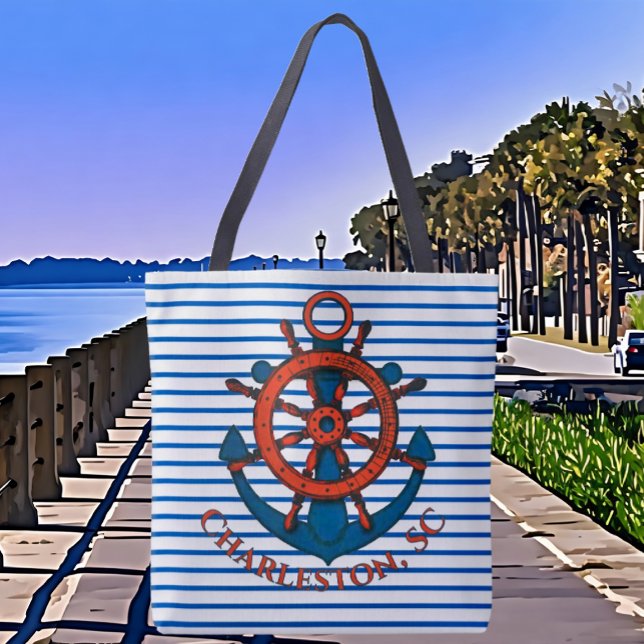Charleston, SC Ship's Wheel and Anchor Striped Tote Bag (Creator Uploaded)