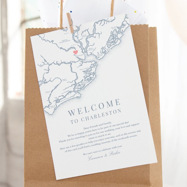 Charleston SC Wedding Welcome Itinerary Dusty Blue Thank You Card (Charleston SC Wedding Weekend Itinerary Schedule of events in dusty blue from Coastal Map Designs)