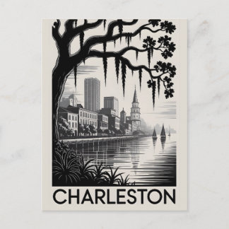 Charleston South Carolina Black White Woodcut Postcard