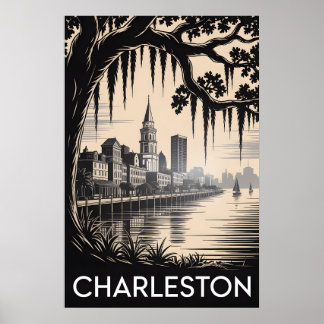 Charleston South Carolina Black White Woodcut Poster