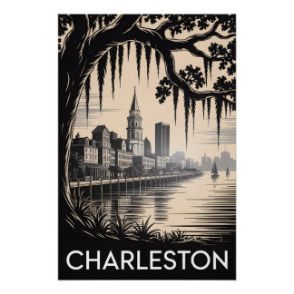 Charleston South Carolina Black White Woodcut Poster