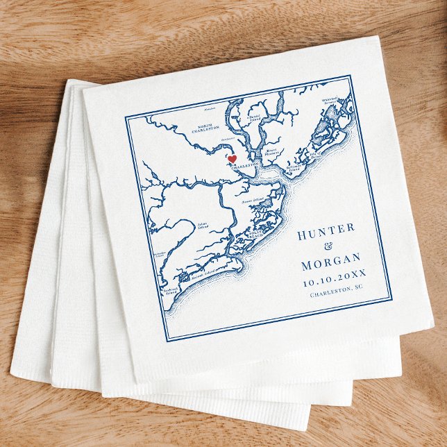 Charleston South Carolina Map Elegant Wedding Napkin (Charleston South Carolina Map Napkins for an Elegant Navy Blue wedding from Coastal Map Designs)