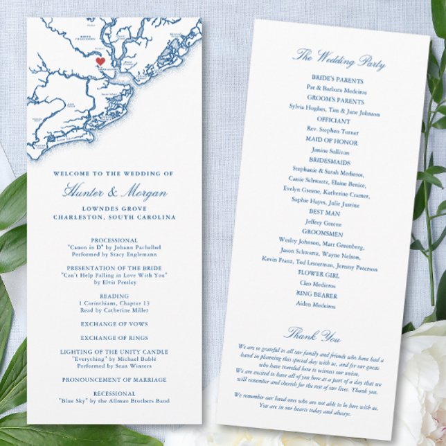 Charleston South Carolina Navy Destination Wedding Programme (Charleston SC Map Wedding Program for an elegant navy blue destination wedding. Coastal Map Designs)