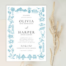 Charleston Toile Border in Blue Wedding Invitation