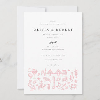 Charleston Toile Border in Pink Engagement Party Invitation