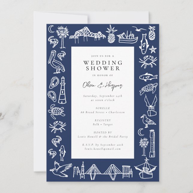 Charleston Toile Navy Blue Shower Invitation (Front)