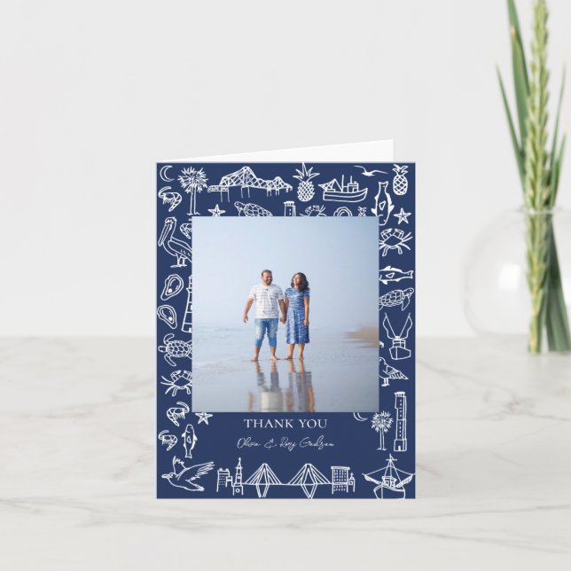 Charleston Toile Navy Blue Thank You Photo Card (Front)