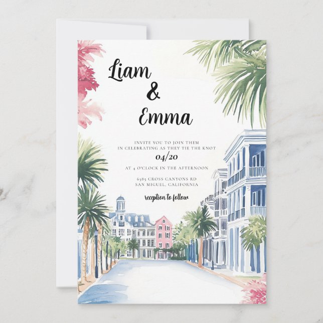 Charleston Watercolor Wedding Destination Invitation (Front)