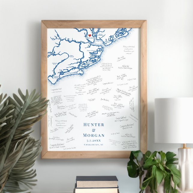 Charleston Wedding Elegant Map Guest Book Poster (Charleston SC map alternative wedding guest book poster with elegant navy blue South Carolina map)