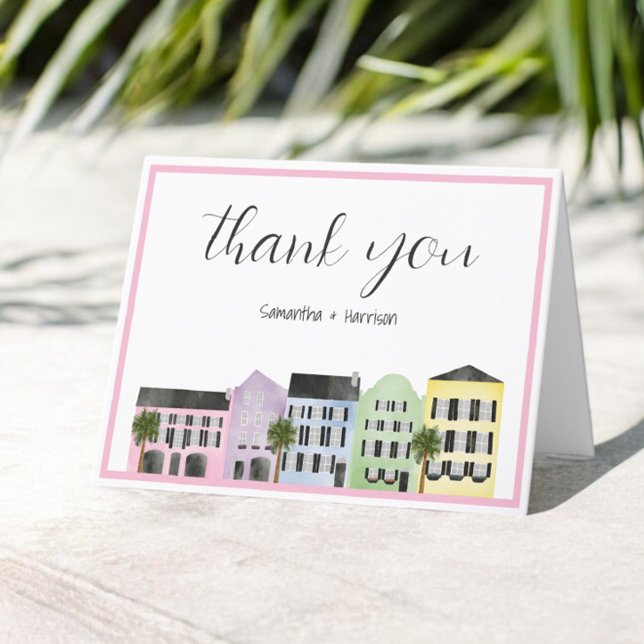 Charleston Wedding Rainbow Row Pink Border Thank You Card (Creator Uploaded)