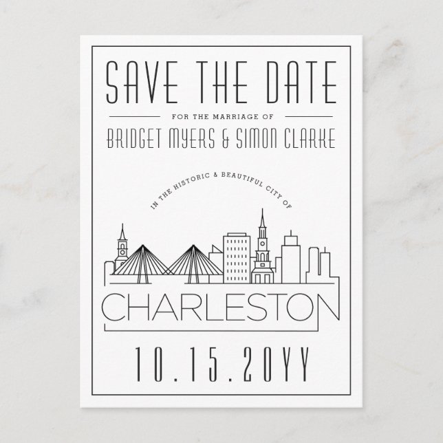 Charleston Wedding Stylised Skyline Save the Date Postcard (Front)