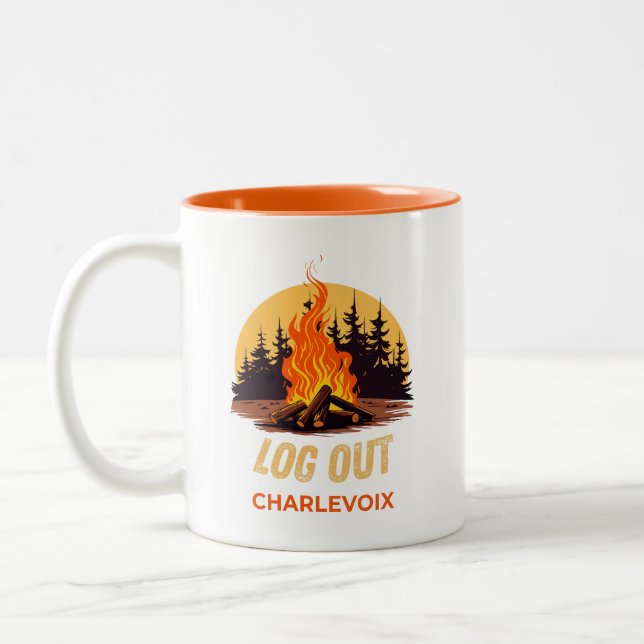 Charlevoix Michigan Campfire  Two-Tone Coffee Mug (Left)