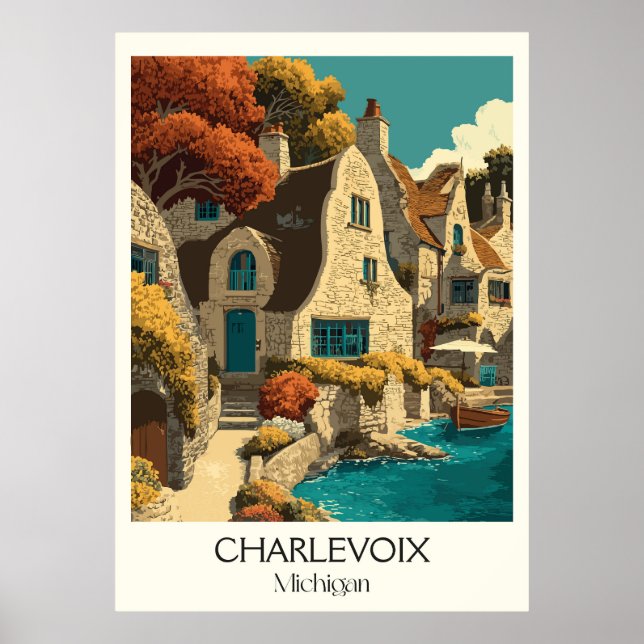 Charlevoix Michigan Vintage Mushroom House Art Poster (Front)