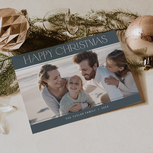 CHARLIE Blue Modern Family Photo Happy Christmas Holiday Card (CHARLIE Blue Modern Family Photo Happy Christmas Holiday Card)
