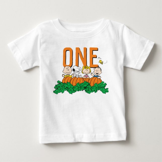 Charlie Brown and Gang Pumpkin 1st Birthday Baby T-Shirt (Front)