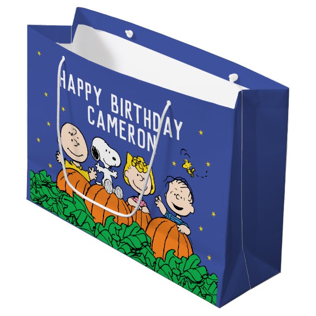 Charlie Brown and Gang Pumpkin 1st Birthday Large Gift Bag (Front Angled)