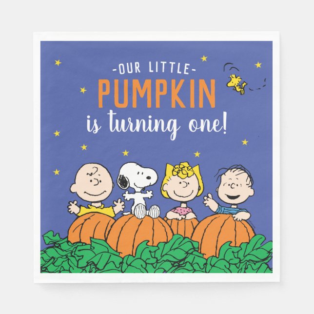 Charlie Brown and Gang Pumpkin 1st Birthday Napkin (Front)