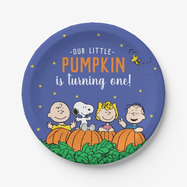 Charlie Brown and Gang Pumpkin 1st Birthday Paper Plate (Front)