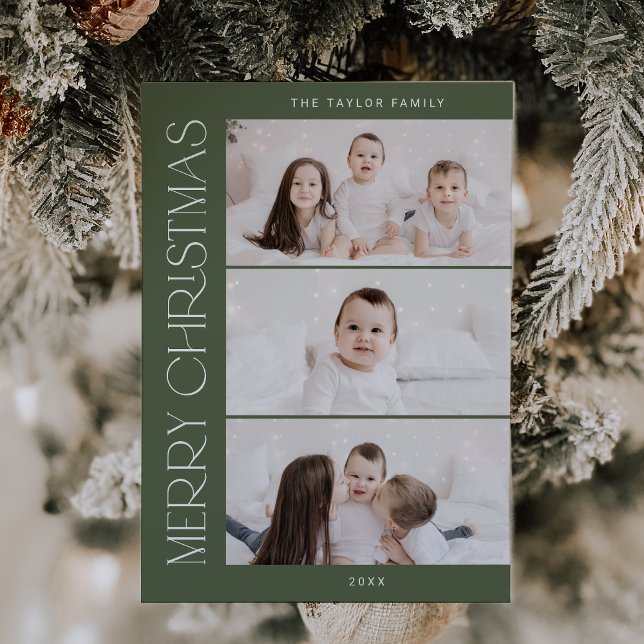 CHARLIE Green Printable 3 Family Photo Christmas Holiday Card (CHARLIE Green Printable 3 Family Photo Christmas Holiday Card)
