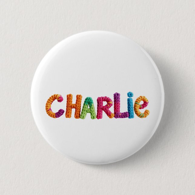 CHARLIE Name in Vibrant Crochet Pattern 6 Cm Round Badge (Front)