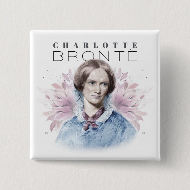 Charlotte Bronte Portrait by Richmond with Flowers 15 Cm Square Badge (Front)