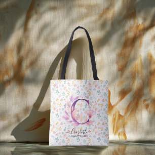 Charlotte Elegant Floral Monogram Pastel Blossom C Tote Bag