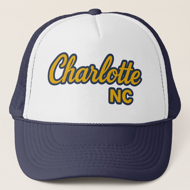 Charlotte NC Script Design – Bold Yellow & Navy  Trucker Hat (Front)