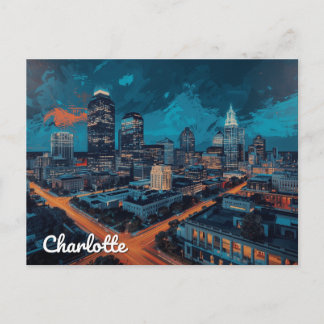 Charlotte NC Uptown Night City Art Postcard