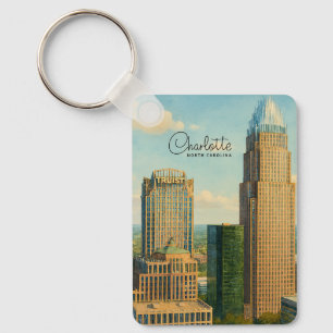 Charlotte NC Watercolor Skyline Travel Key Ring