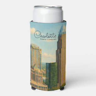 Charlotte NC Watercolor Skyline Travel Postcard Seltzer Can Cooler