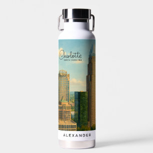 Charlotte NC Watercolor Skyline Travel  Water Bottle