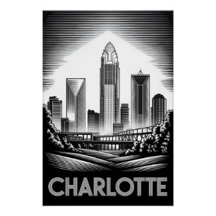 Charlotte North Carolina Black White Woodcut Poster