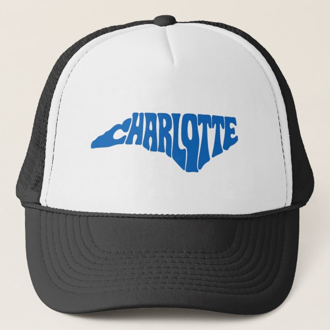 Charlotte North Carolina Retro State Shape Design Trucker Hat (Front)