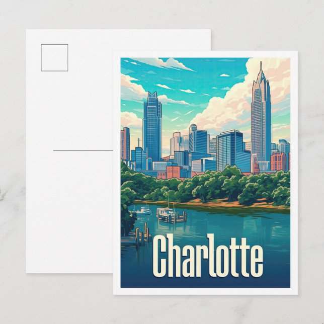 Charlotte North Carolina USA Travel Illustration Postcard (Front/Back)