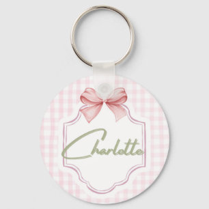 Charlotte Personalized Pink Bow & Gingham Print  Key Ring