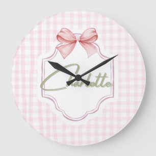 Charlotte Personalized Pink Bow & Gingham Print Large Clock