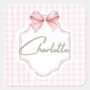 Charlotte Personalized Pink Bow & Gingham Print  Square Sticker