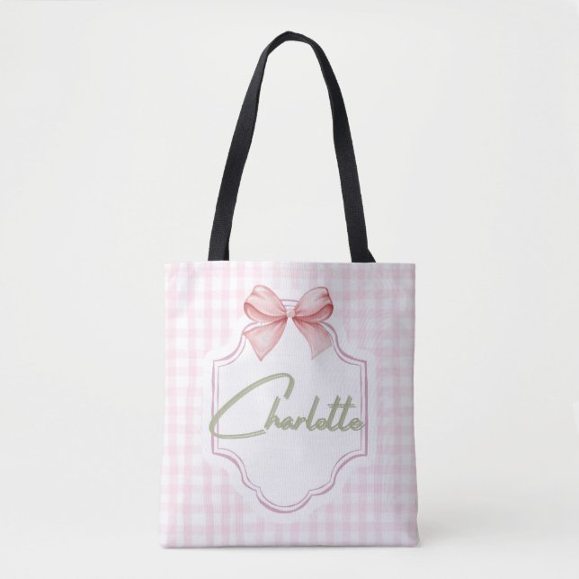 Charlotte Personalized Pink Bow & Gingham Print  Tote Bag (Front)