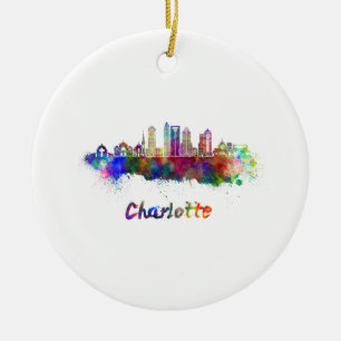 Charlotte V2 skyline in watercolor Ceramic Tree Decoration