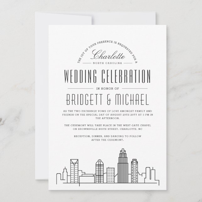 Charlotte Wedding | Modern Deco City Skyline  Invitation (Front)