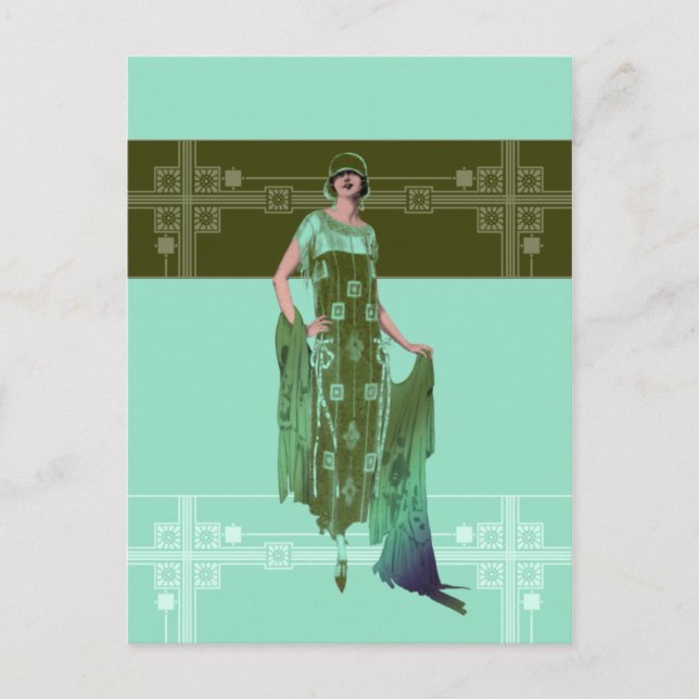 CHARLOTTE'S SHAWL, 1920s Fashion in Mint and Olive Postcard (Front)